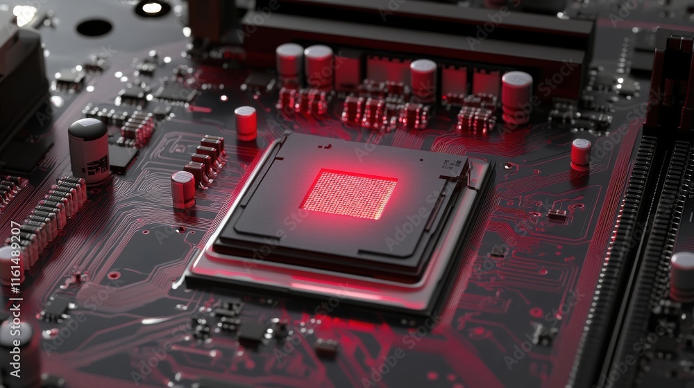 Poster close-up of a high-tech motherboard featuring a glowing red cpu at the center, showcasing intricate 