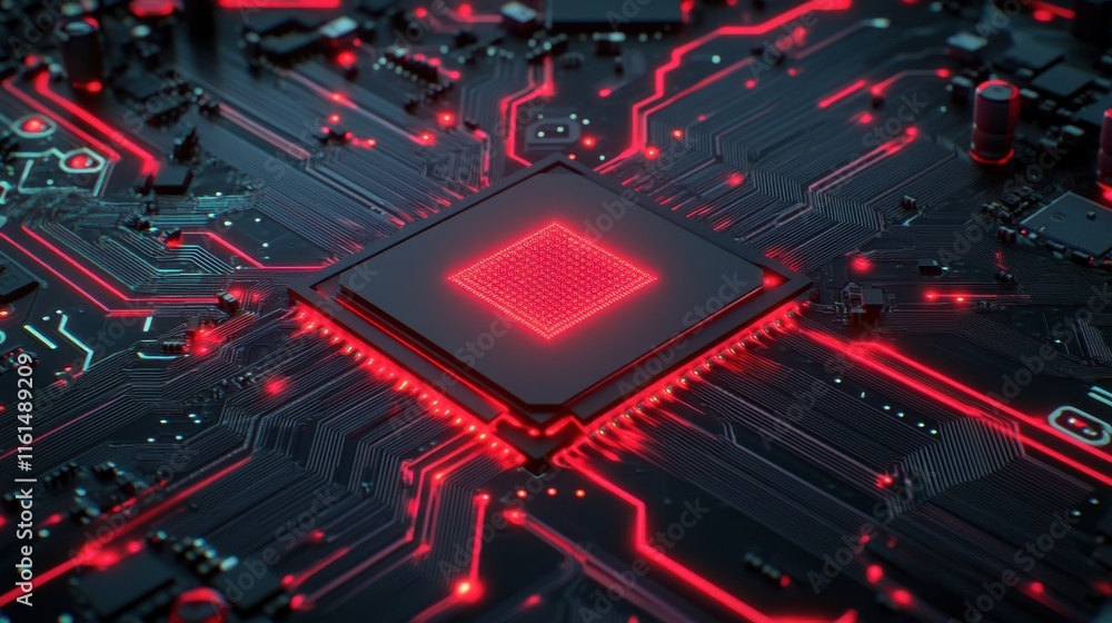 Poster close-up of a futuristic microchip glowing with red lights against a dark circuit board background.