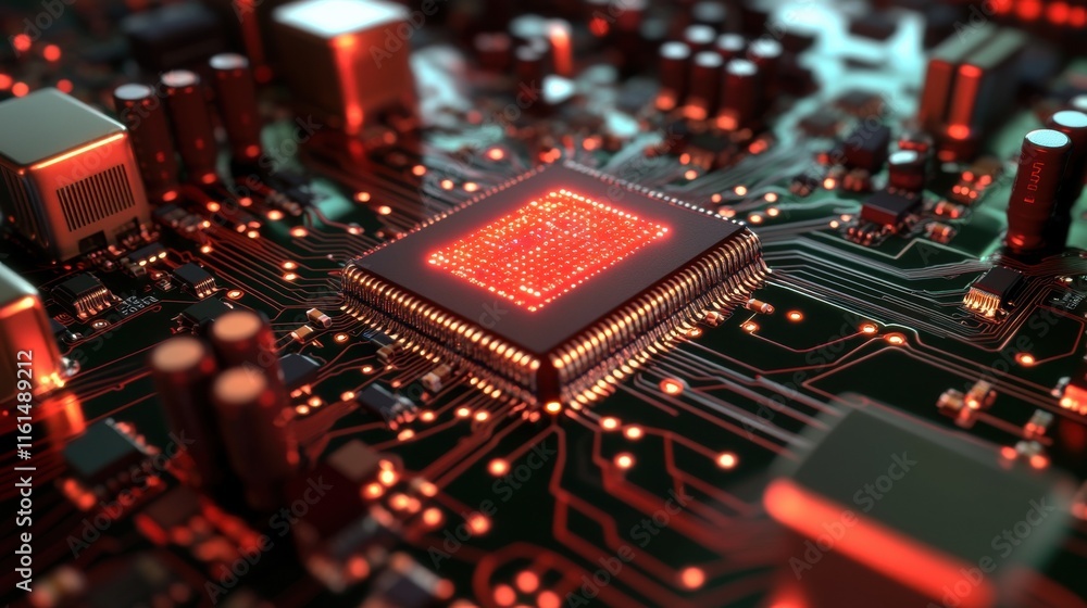 Poster close-up of a glowing microprocessor on a circuit board, showcasing intricate electronic components 