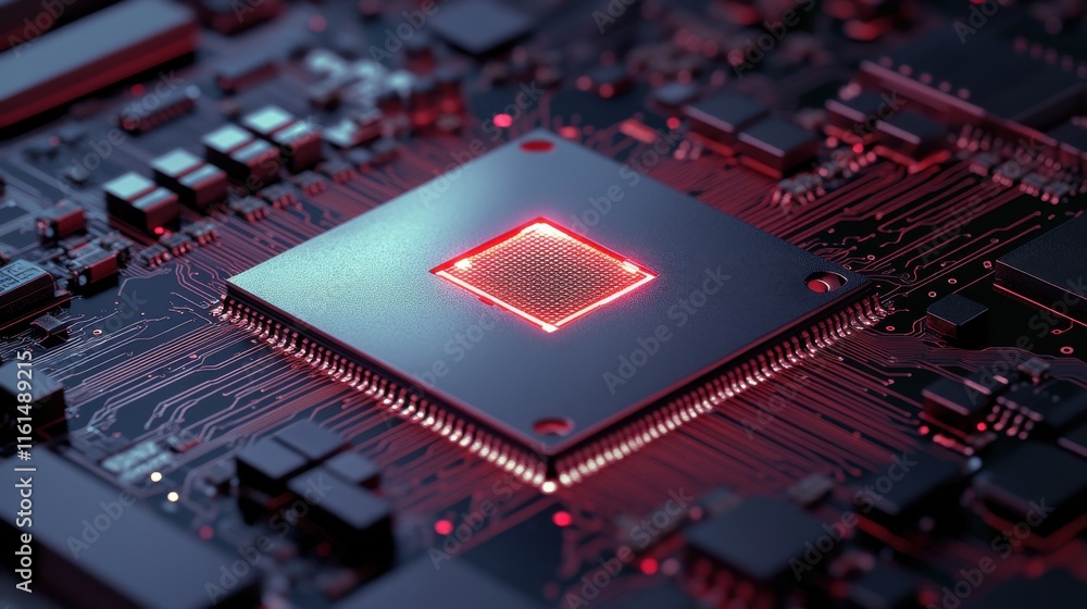 Poster close-up of a sleek microprocessor with glowing red accents, set against a dark circuit board backgr