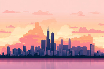 Fototapeta premium The image depicts a colorful city skyline at sunset or sunrise, with a mix of pink, orange, and purple hues