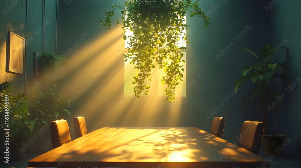 Wall mural A table with four chairs and a potted plant in front of a window