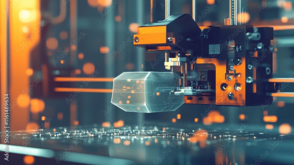 Poster close-up of a 3d printer in action, creating a clear geometric shape with an orange and blue industr