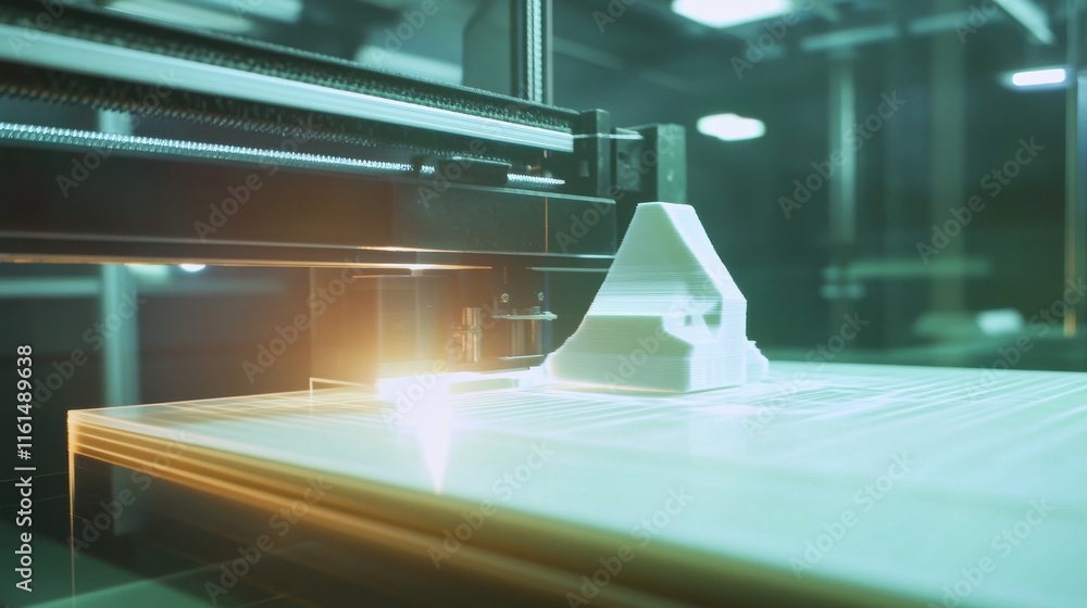 Poster close-up of a 3d printer creating a detailed white object in a modern workspace with a high-tech atm