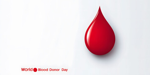 World Blood Donor Day Concept. Minimalistic design featuring a red blood drop with text "World Blood Donor Day" on a white background. Represents awareness, donation, and healthcare.