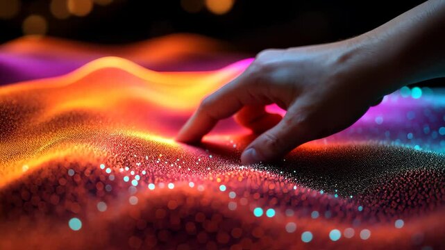 Interactive touch experience with glowing data wave particles, Hand touching luminous energy waves in tactile sensory hologram immersive experience