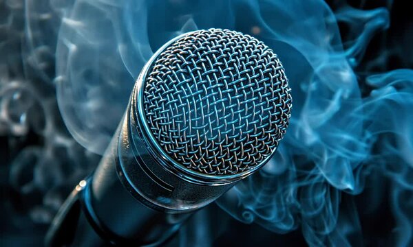 Close-up of a microphone engulfed in ethereal blue smoke.
