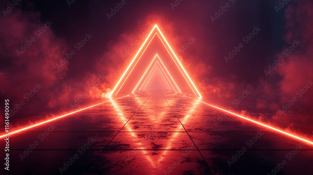 Poster futuristic neon triangle tunnel with fog and reflections on wet floor. gamer background