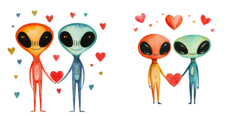 Colorful Alien Characters Holding Hearts Together in a Cute and Playful Celebrating Love and Friendship with Charming Expressions and Whimsical Details