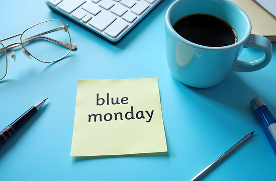 Blue Monday note with office items. A sticky note with blue monday written on it placed on a bright blue desk alongside a coffee cup, glasses, pen, and a keyboard, symbolizing a melancholic or reflect - Powered by Adobe
