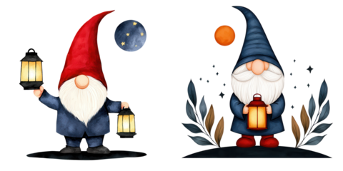 Charming Digital Illustrations of Two Whimsical Gnomes Holding Lanterns Against a Starry Night Sky with Celestial Elements and Gentle Colors
