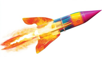 Colorful rocket blasting off with flames, representing adventure and exploration.