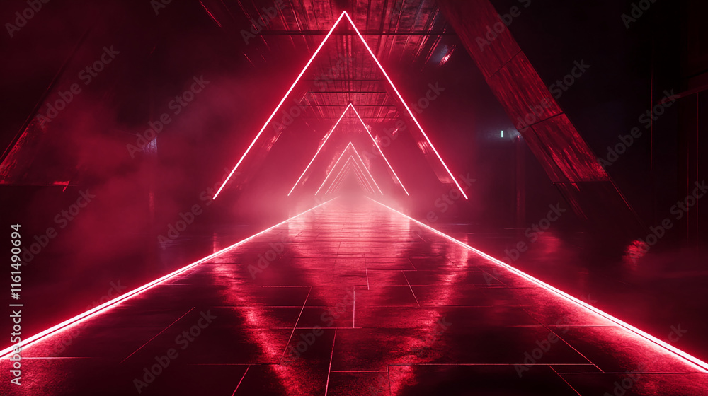 Poster futuristic neon red triangles with fog and reflective surface. gamer background