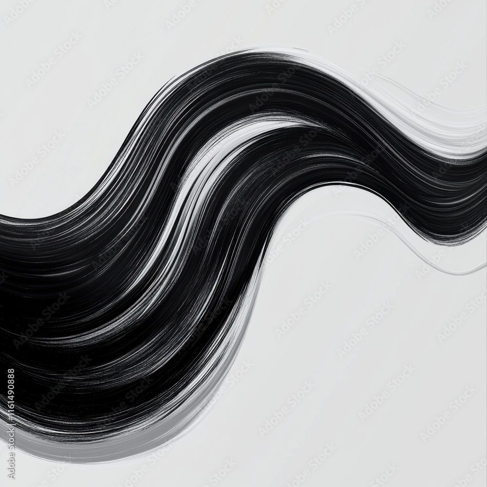 Poster abstract black and white brush strokes create a flowing wave pattern on a light background.