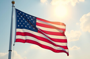 American Flag Waving in Bright Sunlight. The United States flag waves majestically on a sunny day, symbolizing national pride, freedom, and unity, set against a backdrop of blue sky and soft clouds.