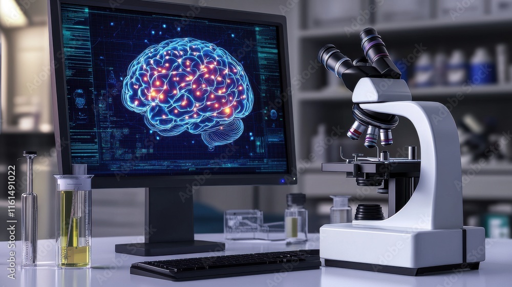 Poster a laboratory setup featuring a microscope and a computer display of a digital brain, symbolizing neu