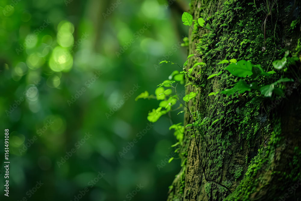 Poster tree with green moss and leaves is the main focus of the image.