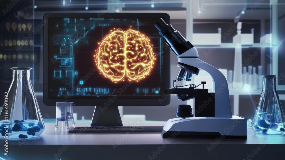 Poster a modern laboratory setup featuring a microscope and a digital representation of a human brain, show