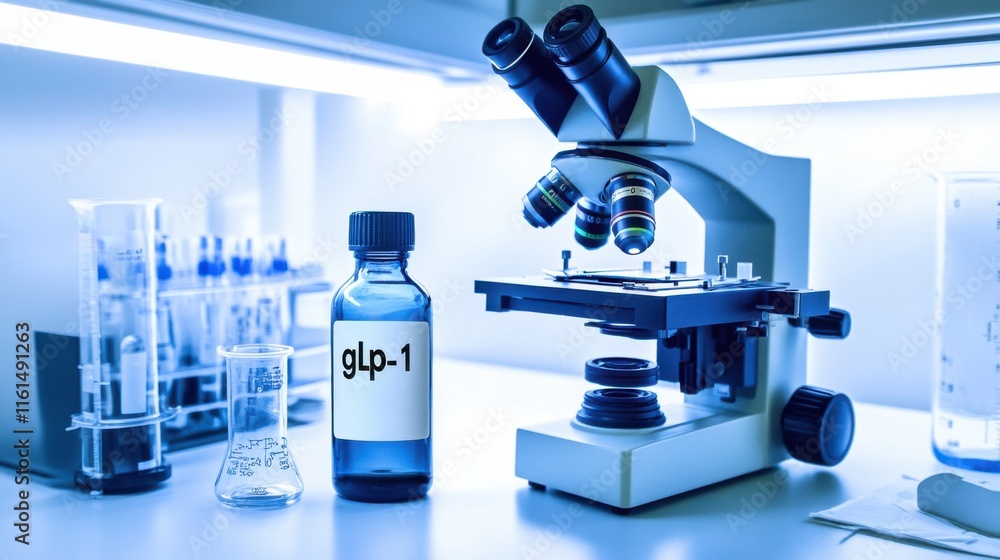 Poster a close-up of a laboratory microscope and glp-1 research solution, creating a focused scientific atm