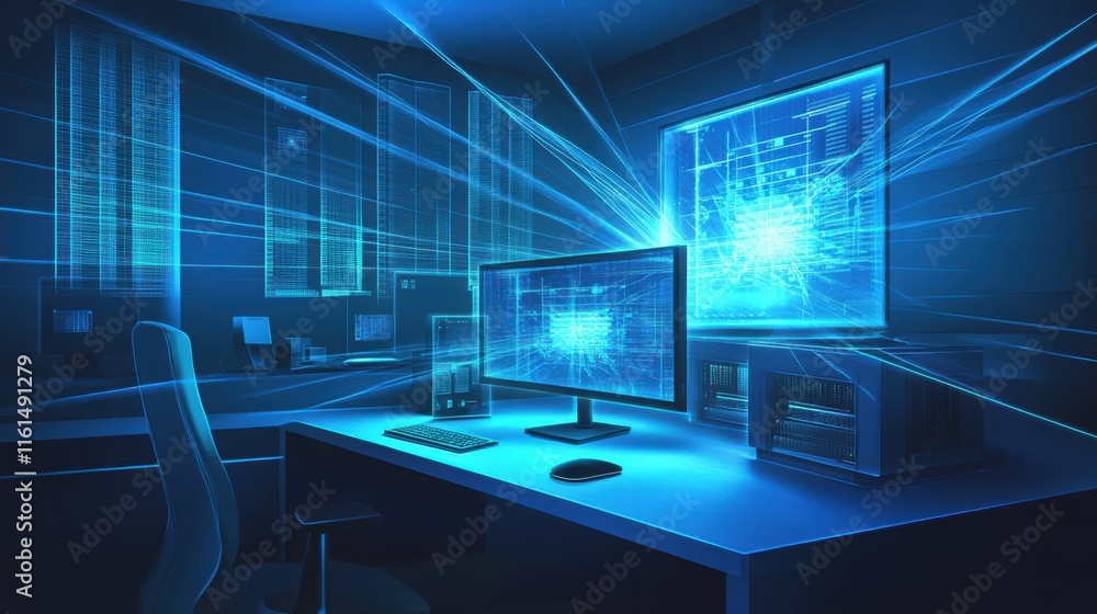 Poster a modern workspace featuring multiple screens showcasing digital data, illuminated with blue light.