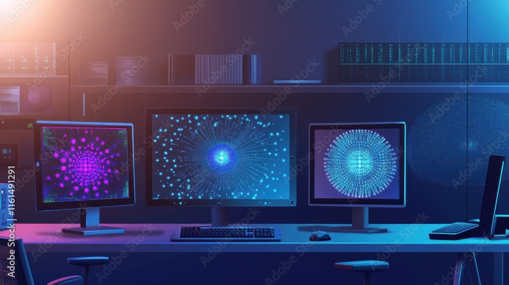 Poster a futuristic workspace showcasing three glowing computer monitors displaying digital data visualizat