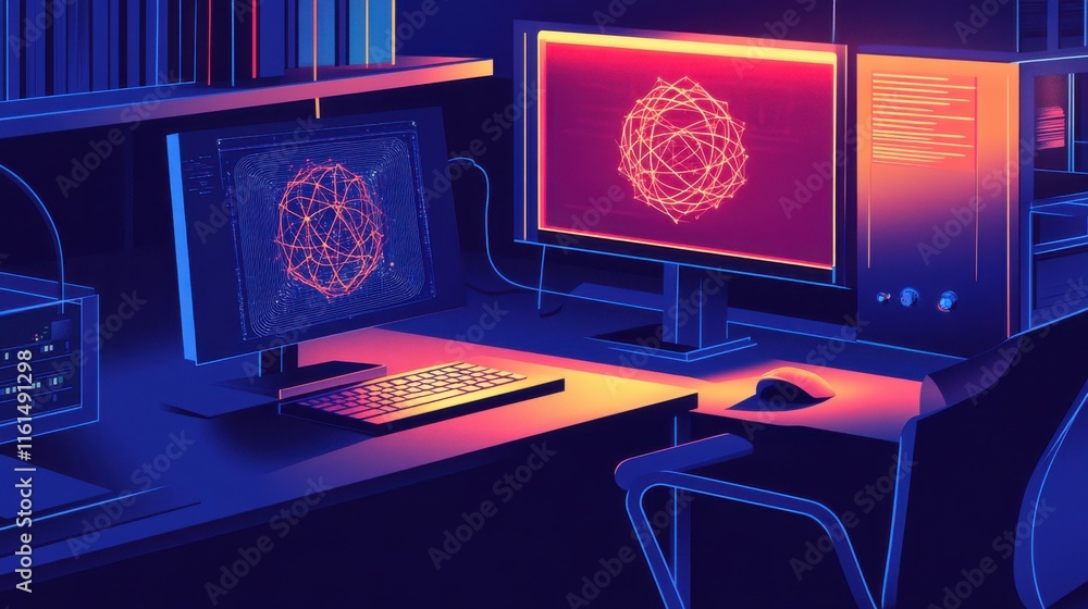 Poster a high-tech workspace featuring two glowing monitors displaying intricate network designs in a vibra