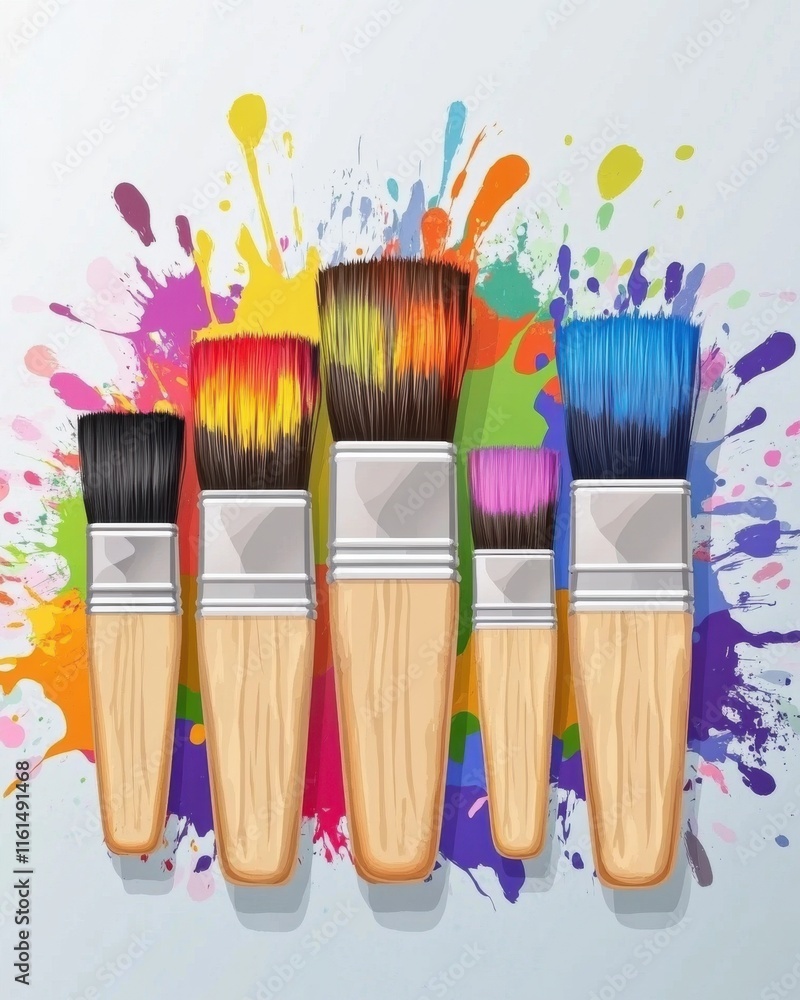 Poster a vibrant array of paintbrushes showcasing a spectrum of colors against a splattered backdrop.