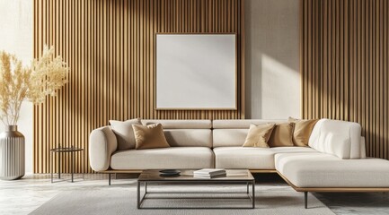 A living room with a white couch and a white coffee table. A vase is on the table