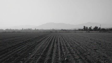 Obraz premium Monochrome view of plowed farmland stretching to distant hazy mountains.