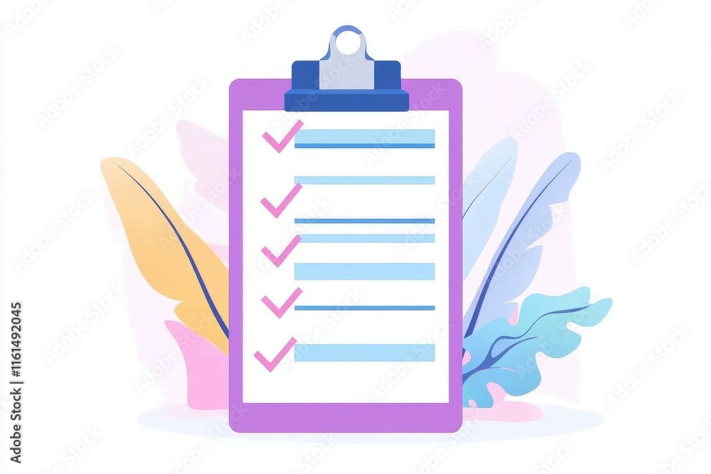 Poster a colorful checklist on a clipboard with leaves in the background, symbolizing organization and prod