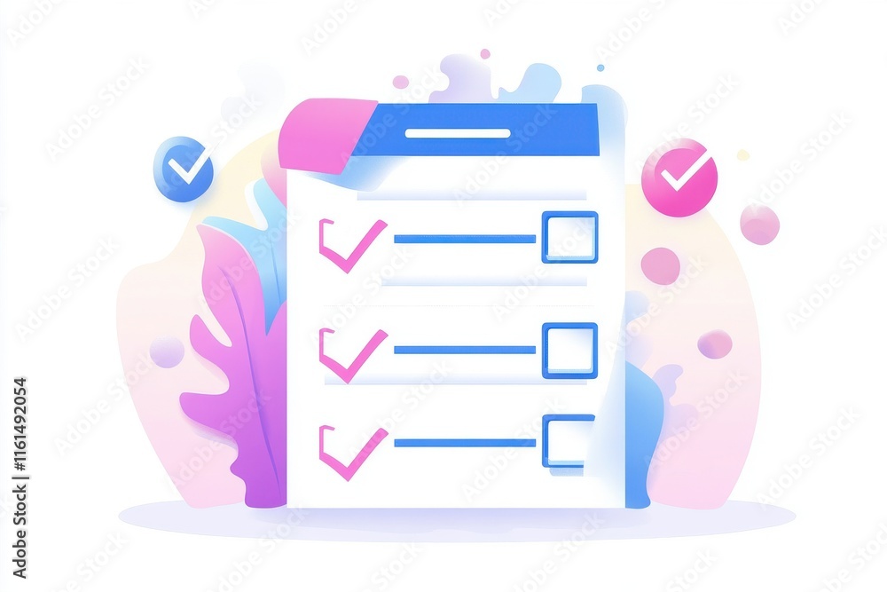 Poster colorful checklist illustration with decorative elements and checkmarks in a soft gradient backgroun