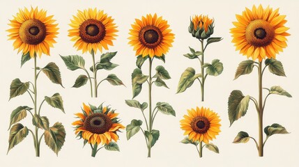 Collection of Beautiful Vintage Sunflower Illustrations in Various Shapes and Designs