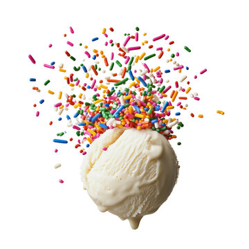 A scoop of creamy vanilla ice cream topped with vibrant rainbow sprinkles, creating a playful and delicious dessert