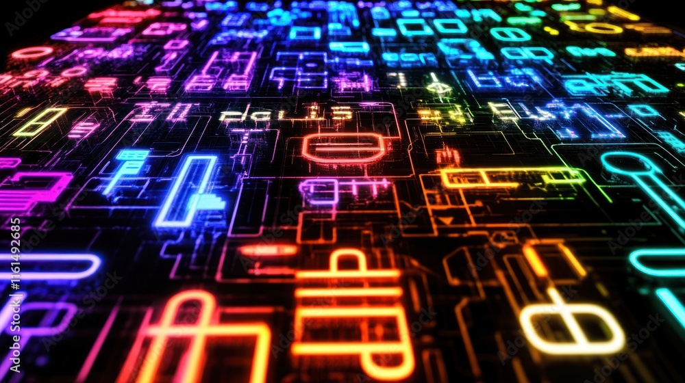 Poster abstract colorful neon circuit board pattern.