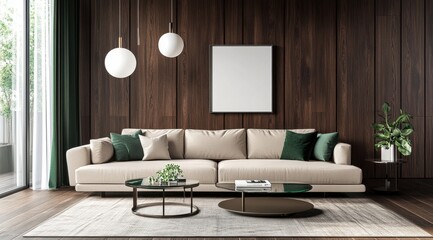 A living room with a white couch and a green plant. There are two lamps and a coffee table
