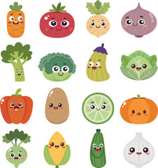 Funny cute vegetables characters set, Cute cartoon happy vegetables, Colorful Kawaii vegetables  With Smiling Faces , Vector illustrator