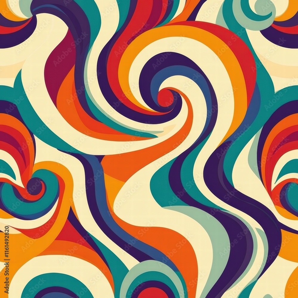 Aufkleber retro inspired pattern featuring vibrant spirals and curves in a classic 70s color palette with play