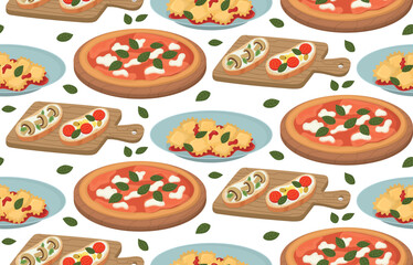Seamless pattern with different dishes of Italian cuisine and basil leaves. Background with pizza, ravioli, bruschetta with mushrooms and tomatoes