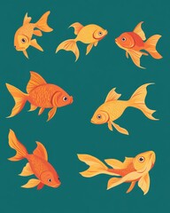 Fototapeta premium A colorful illustration of goldfish in various poses against a teal background.