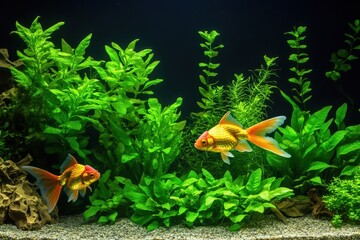 Two vibrant goldfish swim among lush green aquatic plants in a tranquil aquarium setting.