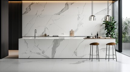Modern kitchen with marble island, pendant lights, and outdoor view.