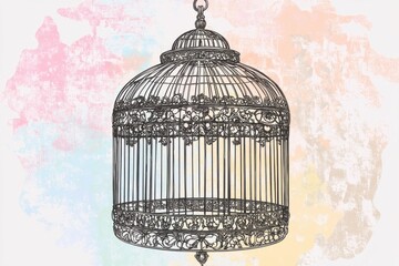 An intricate vintage birdcage design suspended against a soft pastel background.