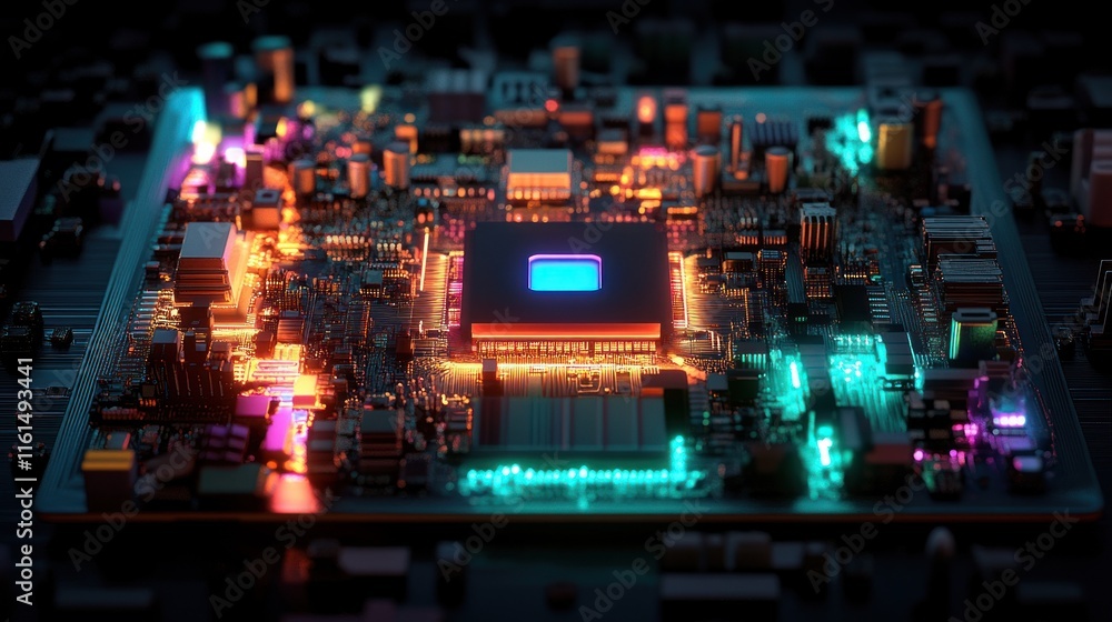 Poster illuminated circuit board with glowing cpu.