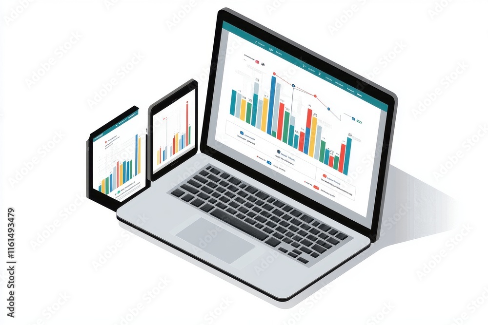 Poster a modern laptop and two tablets display colorful data analytics charts, illustrating the digital wor