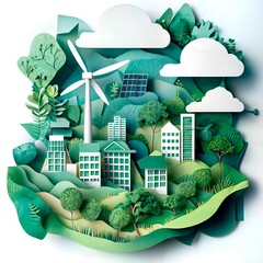 Modern eco-friendly city with green roofs, solar panels, and clean energy solutions. A concept of sustainable future and environmental preservation.