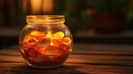 Glowing jar of rose petals on wooden table, warm ambiance