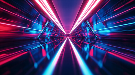 Fototapeta premium Neon Tunnel with Vibrant Lights and Symmetrical Geometric Reflections. Gamer background