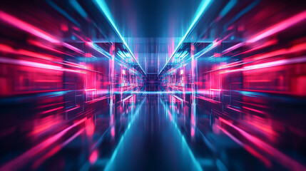 Obraz premium Futuristic Neon Corridor with Vibrant Light Reflections and Geometric Symmetry. Gamer background