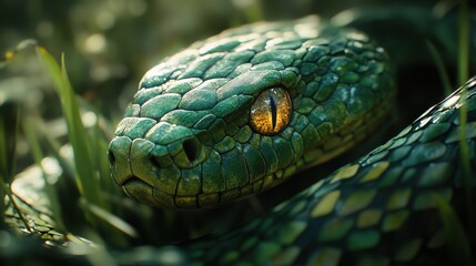 Fototapeta premium Close-up of green snake's textured scales as it slithers through tall grass.