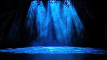 Dark stage with blue spotlights and fog.